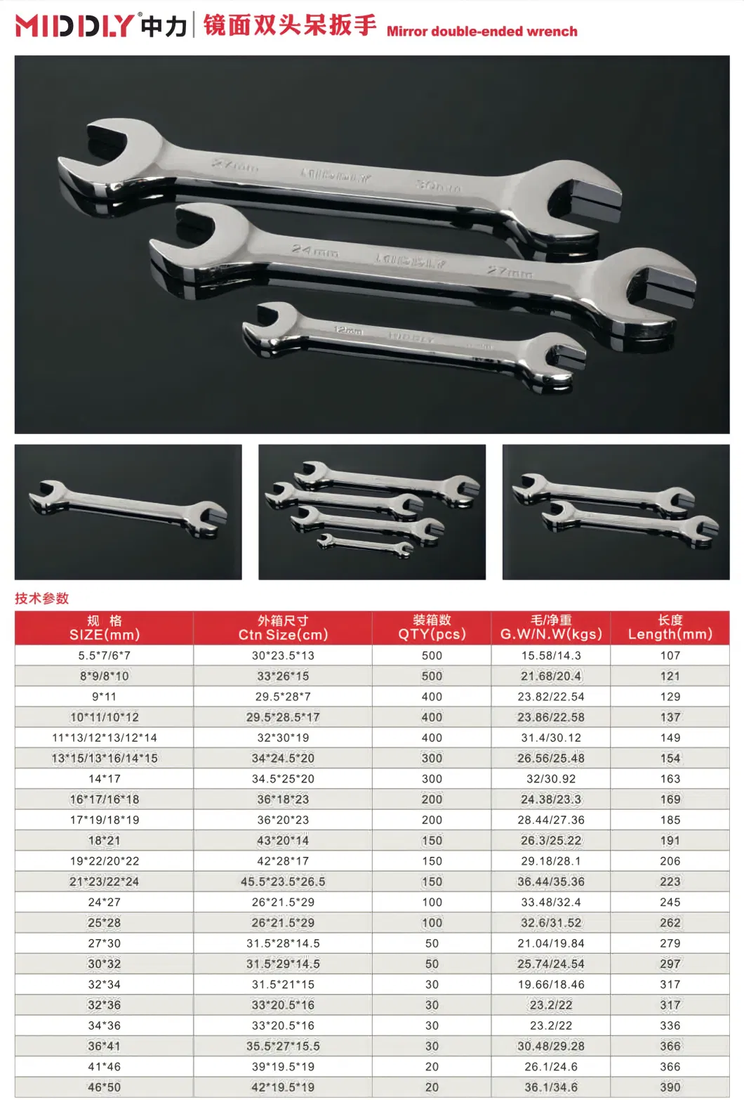 Middly Wrench Set, Double Open-End Wrench, Open Spanner, Cr-V