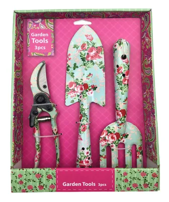 Iron Lady′s 3PCS Floral Printed Tools, Shovel, Fork and Pruning Shears, Garden Tools